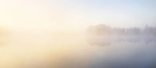 Paysage Pittoresque Lac Forestier Dans Épais Brouillard Blanc Réflexions Sur — Photo