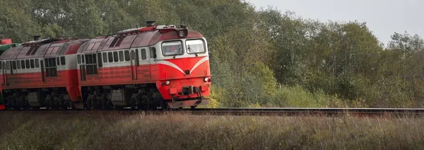 Nowoczesny Czerwony Pociąg Towarowy Lokomotywa Spalinowa Przejeżdżający Przez Jesienne Pole — Zdjęcie stockowe