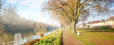 Ren nehrinin yanındaki parkta boş bir ara sokak. Yakından altın ağaçlar görünüyor. Seyahat yasağı ve koronavirüs (COVID-19) salgını nedeniyle kimse yok. Mainz, Rheinland-Pfalz, Almanya 'daki karantina bölgesi