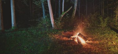 Geceleri mistik ormanda şenlik ateşi, karanlıkta ağaç siluetleri. Letonya 'da putperest geleneksel yaz kutlaması. Hareket bulanıklığı etkisi, uzun süre maruz kalma. Çevre turizmi, ulusal kültür teması