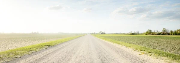 Tarlaların Arasından Geçen Boş Bir Köy Yolu Dramatik Bir Gökyüzü — Stok fotoğraf