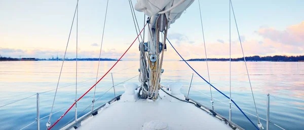 White Yacht Sailing Still Water Sunset Frost First Snow Deck — Stock Photo, Image