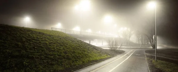 一条空荡荡的 灯火通明的自行车道 夜雾中急转直下 灯笼特写 背景中的桥 娱乐和健康的生活方式主题 拉脱维亚里加 — 图库照片