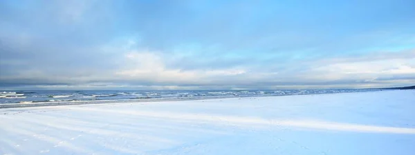 Uitzicht Met Sneeuw Bedekte Oostzeekust Bij Zonsondergang Naaldbos Achtergrond Prachtig — Stockfoto