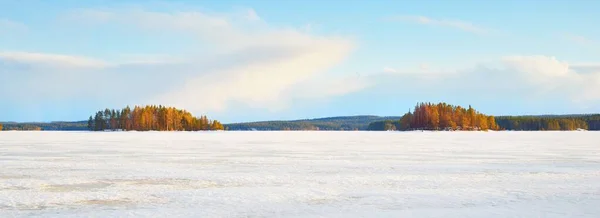 Lago Congelado Pinhal Coberto Neve Pôr Sol Textura Gelo Céu — Fotografia de Stock