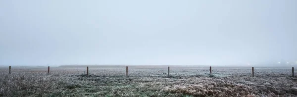 Ein Leeres Grünes Feld Dicken Weißen Morgennebel Frost Und Neuschnee — Stockfoto