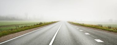 Gün doğumunda sisli bir havada boş otobanın arabasından ormana ve tarlalara doğru panoramik bir manzara. Avrupa. Ulaşım, lojistik, seyahat, yolculuk, özgürlük, sürüş. Kırsal alan