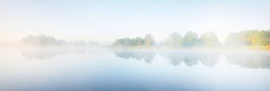 Kalın beyaz bir sis içinde orman gölünün resim gibi manzarası. Sudaki yansımalar. Saf altın güneş ışığı. Atmosferik manzara. Sonbahar sezonu. Avrupa 'da doğa, ekoloji ve çevre koruma