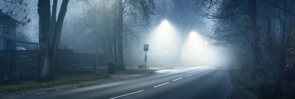 Empty Illuminated Motorway Deciduous Forest Morning Fog Lanterns Close Bus — Stock Photo, Image
