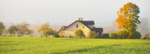Modernes Gemauertes Landhaus Häuschen Und Grün Gepflügtes Landwirtschaftliches Feld Morgennebel — Stockfoto