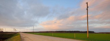 Yeşil tarlalardan ormana giden eski bir yol. Elektrik hattı, yakın plan. Pembe günbatımı bulutları. İlkbahar kırsal alanı. Ulaşım, tarım, çiftlik, ekoloji. Kırsal, uzak yerler