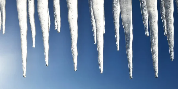 Grote Ijspegels Close Heldere Blauwe Lucht Concept Winterlandschap Middagzon Seizoenen — Stockfoto