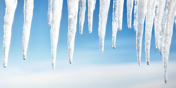 Large Icicles Close Clear Blue Sky Concept Winter Landscape Midday — Stock Photo, Image