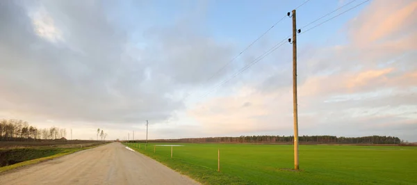 Старая Дорога Через Зеленые Вспаханные Поля Лес Линия Электропередачи Крупным Стоковое Фото