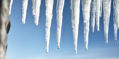 Büyük buz saçakları yakın plan. Açık mavi gökyüzü. Kış manzarası kavramı. Gün ortası güneşi. Mevsimler, ekoloji, çevre, iklim değişikliği, küresel ısınma, anomali, doğa. Panoramik görünüm, boşluğu kopyala