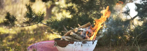 Moderní Gril Dřevěné Uhlí Hořící Dřevo Plamen Kouř Zblízka Jarní — Stock fotografie