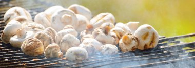 Kömür mantarı ızgarası ve yakın plan sigara. Mutfak, sağlıklı beslenme, yaşam tarzı, organik, vejetaryen, vegan yemekleri, yemek pişirme, yaz tatilleri teması