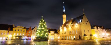 Tallinn Belediyesi Meydanı 'nda aydınlandı, Noel ağacı, geceleri evler ve pazarlar, Estonya. Peri şehri. Geleneksel kutlamalar, kış tatilleri, ulusal dönüm noktaları, geziler.