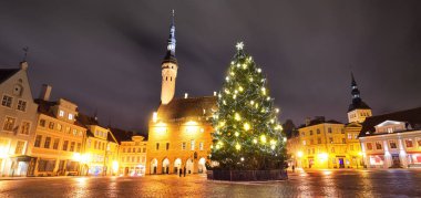 Tallinn Belediyesi Meydanı 'nda aydınlandı, Noel ağacı, geceleri evler ve pazarlar, Estonya. Peri şehri. Geleneksel kutlamalar, kış tatilleri, ulusal dönüm noktaları, geziler.