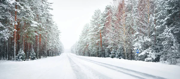 Hófödte Autópálya Aszfalt Tűlevelű Erdőn Keresztül Egy Hóvihar Után Lappföld — Stock Fotó