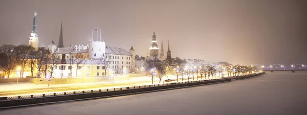 Panoramic Aerial View Illuminated Snow Covered Riga Old Town Daugava — Stock Photo, Image