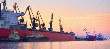 Large cargo ship loading in port terminal. Panoramic view. Freight transportation, nautical vessel, global communications, logistics, shipping, delivery, industry, commerce, economy