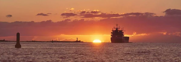 Large Cargo Ship Sailing Baltic Sea Sunset Soft Golden Sunlight — Stock Photo, Image