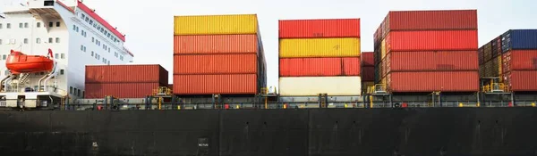 Large Cargo Container Ship Sailing Open Sea Usa Panoramic View — Stock Photo, Image