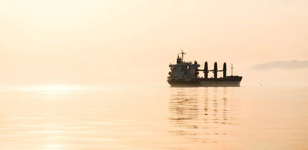 항해하는 화물선 부드러운 황금빛 경치가 배에서 내려다본 운송선 — 스톡 사진
