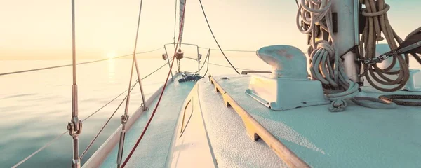 White Yacht Sailing Still Water Sunset View Deck Bow Mast — Fotografia de Stock