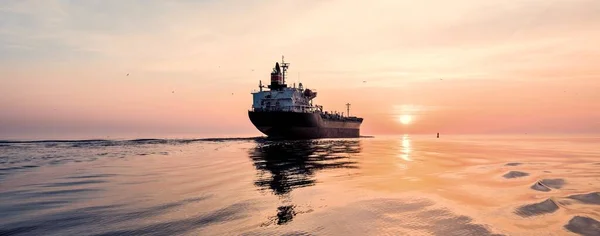 Крупное Грузовое Судно Плывущее Балтийском Море Закате Мягкий Золотой Солнечный — стоковое фото