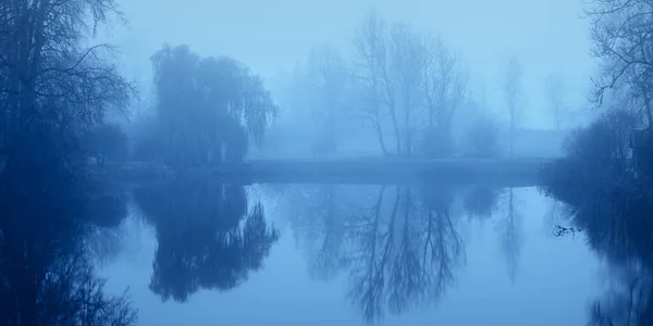 黄昏の森の湖 強大な木々 神秘的な光 水に対する対称性の反射 暗い大気の風景 絵のように美しいパノラマ風景 — ストック写真