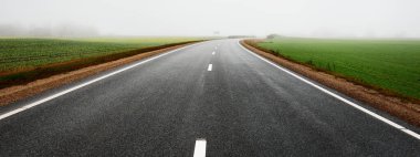 Tarla ve orman boyunca (yeni asfalt yolu) boş bir otoyol. Sis, yağmurlu bir gün. Atmosferik sonbahar manzarası. Yalnızlık, uzak yerler, tehlikeli sürüş konsepti