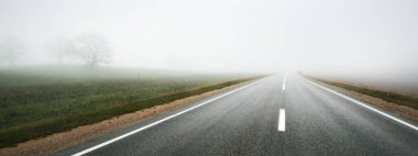 Tarla ve orman boyunca (yeni asfalt yolu) boş bir otoyol. Sis, yağmurlu bir gün. Atmosferik sonbahar manzarası. Yalnızlık, uzak yerler, tehlikeli sürüş konsepti