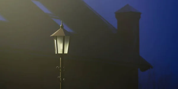 Straatlicht Een Kasteelmuur Een Mist Nachts Mysterieus Licht Sfeervolle Stedelijke — Stockfoto