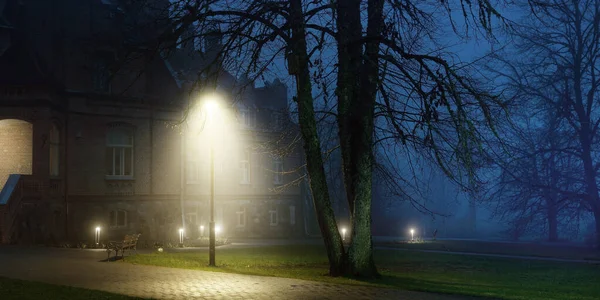 Illuminated Castle Fog Night Jaunmoku Pils Latvia History Culture Architecture — Stock Photo, Image