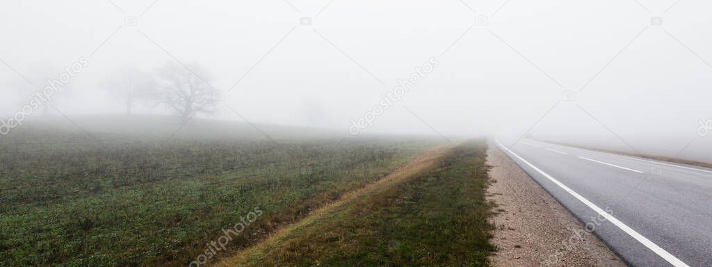 An empty highway (new asphalt road) through the field and forest. Fog, rainy day. Atmospheric autumn landscape. Loneliness, remote places, dangerous driving concept