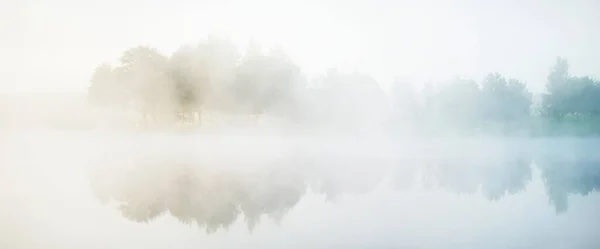 濃い白い霧の中で森の湖の絵のような風景 水の上の反射 純粋な黄金の太陽 大気の風景 ヨーロッパの自然 生態系 環境保全 — ストック写真