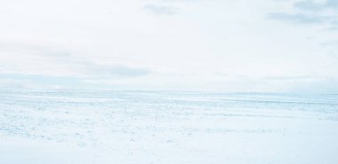 Gün batımında kar fırtınasından sonra karla kaplı arazinin panoramik görüntüsü. Taze karda insan izleri. Buz çölü. Dramatik bulut manzarası. Küresel ısınma teması. Laponya, Finlandiya