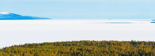Panorama Luftaufnahme Des Seeufers Der Wald Und Berggipfel Winterlandschaft Umwelt — Stockfoto