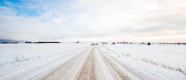 Country Road Snow Covered Field Blizzard Atmospheric Winter Landscape Ice — Stock Photo, Image