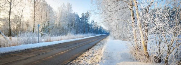 Bir kar fırtınasından sonra ormanda boş bir otoyol (yeni asfalt yol). Açık kış günü. Noel tatilleri, yerel turizm, Avrupa 'da tecrit. Sürüş, lojistik, uzak yerler