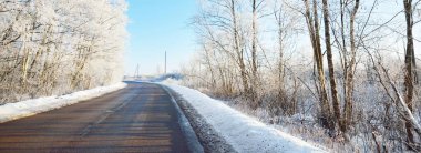 Bir kar fırtınasından sonra ormanda boş bir otoyol (yeni asfalt yol). Açık kış günü. Noel tatilleri, yerel turizm, Avrupa 'da tecrit. Sürüş, lojistik, uzak yerler