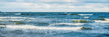 Kumlu bir sahilden (kum tepeleri) Baltık denizinin panoramik görüntüsü. Koyu bulutlu dramatik bir gökyüzü. Dalgalar, su sıçramaları. Idyllic deniz manzarası. Sıcak kış havası, iklim değişikliği, doğa