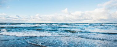 Kumlu bir sahilden (kum tepeleri) Baltık denizinin panoramik görüntüsü. Koyu bulutlu dramatik bir gökyüzü. Dalgalar, su sıçramaları. Idyllic deniz manzarası. Sıcak kış havası, iklim değişikliği, doğa