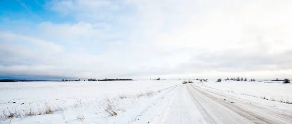 Estrada Rural Através Campo Coberto Neve Durante Uma Nevasca Paisagem — Fotografia de Stock