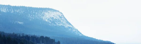 Panorama Luftaufnahme Des Seeufers Der Wald Und Berggipfel Winterlandschaft Epischer — Stockfoto