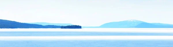 Young Pine Trees Frozen Lake Blizzard Clear Day Mountain Peaks — Stock Photo, Image