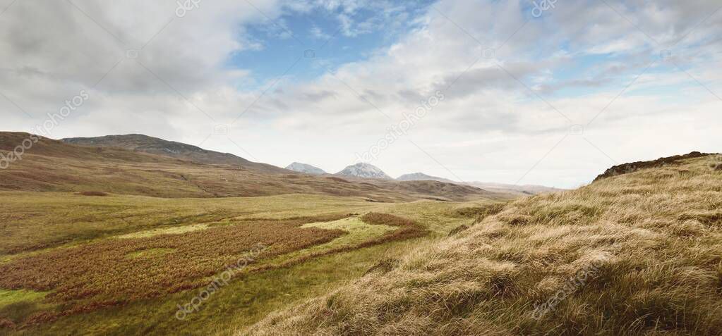 Panoramic view of the shores, mountains and valleys of Jura island. Inner Hebrides, Scotland, UK. Travel destinations, tourism, national landmarks, nature, eco tourism, hiking