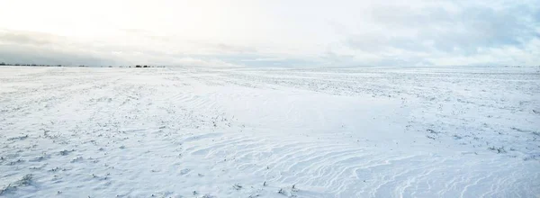 Vista Panorâmica Campo Coberto Neve Após Uma Nevasca Pôr Sol — Fotografia de Stock